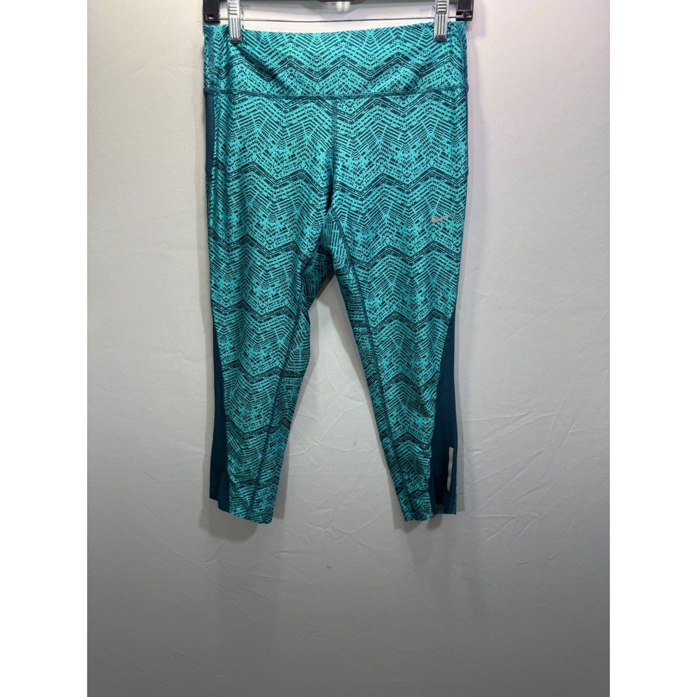 Nike Dri-FIT Running Leggings Womens Medium Teal Black Chevron Crop Tights - Picture 1 of 8